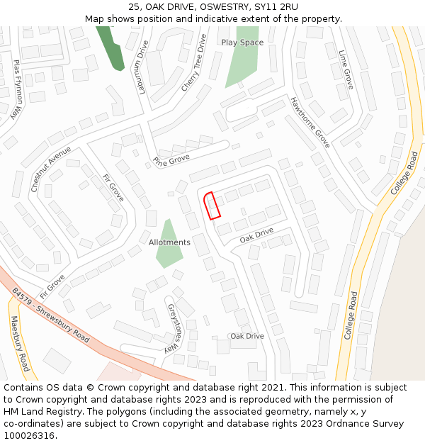 25, OAK DRIVE, OSWESTRY, SY11 2RU: Location map and indicative extent of plot