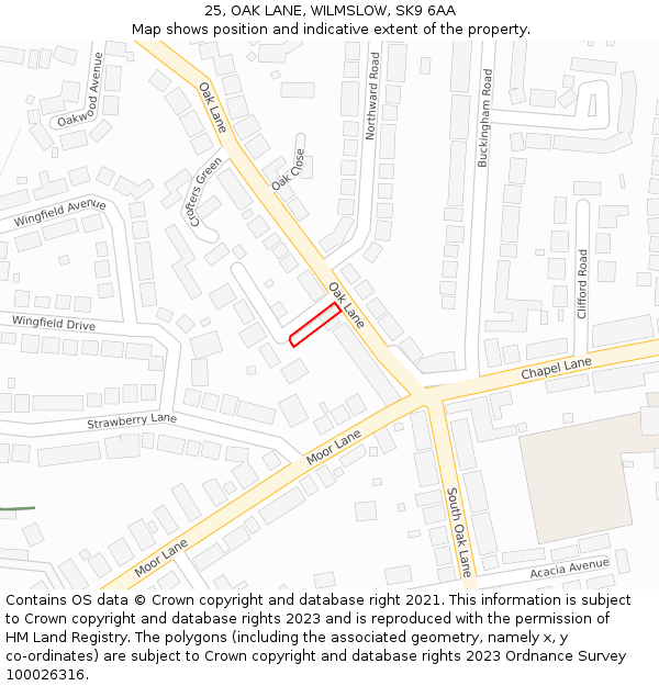25, OAK LANE, WILMSLOW, SK9 6AA: Location map and indicative extent of plot