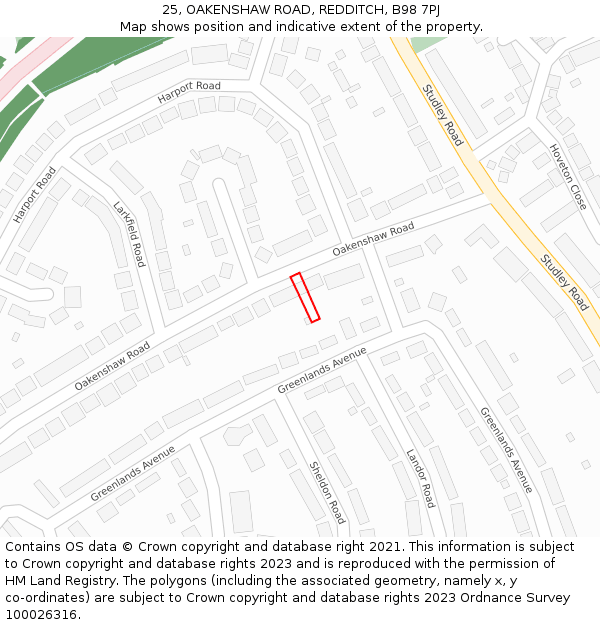 25, OAKENSHAW ROAD, REDDITCH, B98 7PJ: Location map and indicative extent of plot