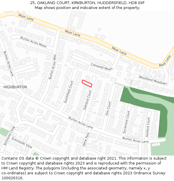 25, OAKLAND COURT, KIRKBURTON, HUDDERSFIELD, HD8 0XF: Location map and indicative extent of plot