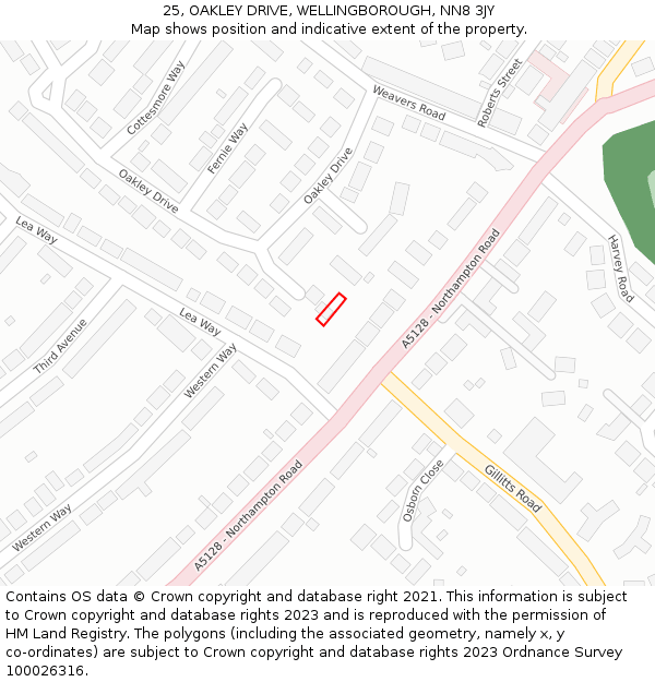 25, OAKLEY DRIVE, WELLINGBOROUGH, NN8 3JY: Location map and indicative extent of plot