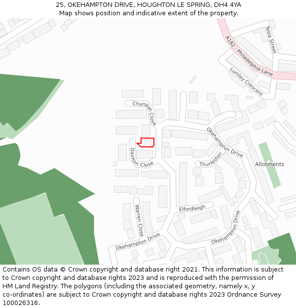 25, OKEHAMPTON DRIVE, HOUGHTON LE SPRING, DH4 4YA: Location map and indicative extent of plot