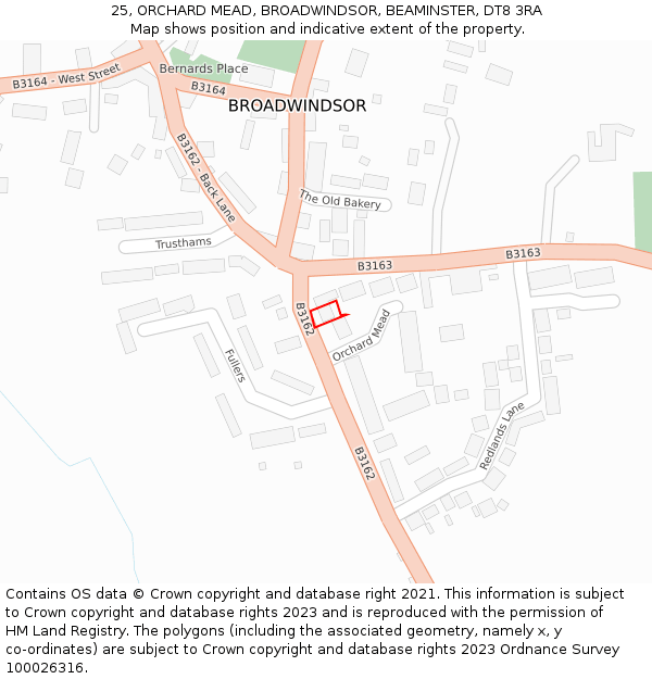 25, ORCHARD MEAD, BROADWINDSOR, BEAMINSTER, DT8 3RA: Location map and indicative extent of plot