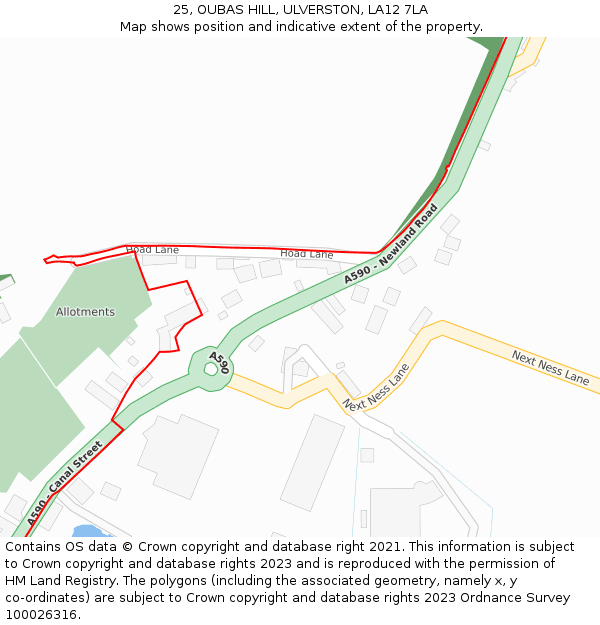 25, OUBAS HILL, ULVERSTON, LA12 7LA: Location map and indicative extent of plot
