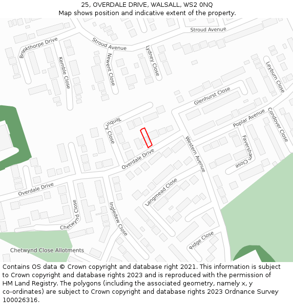 25, OVERDALE DRIVE, WALSALL, WS2 0NQ: Location map and indicative extent of plot