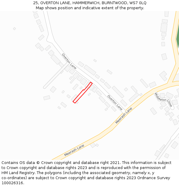 25, OVERTON LANE, HAMMERWICH, BURNTWOOD, WS7 0LQ: Location map and indicative extent of plot