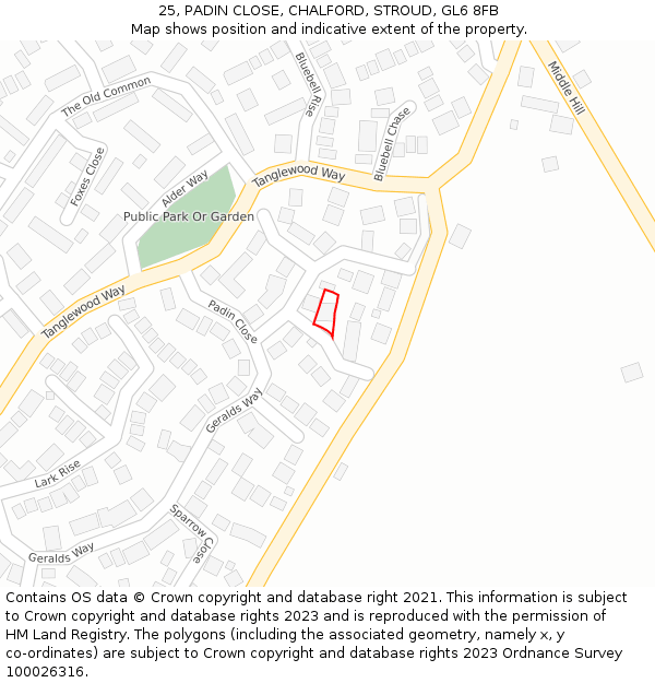 25, PADIN CLOSE, CHALFORD, STROUD, GL6 8FB: Location map and indicative extent of plot