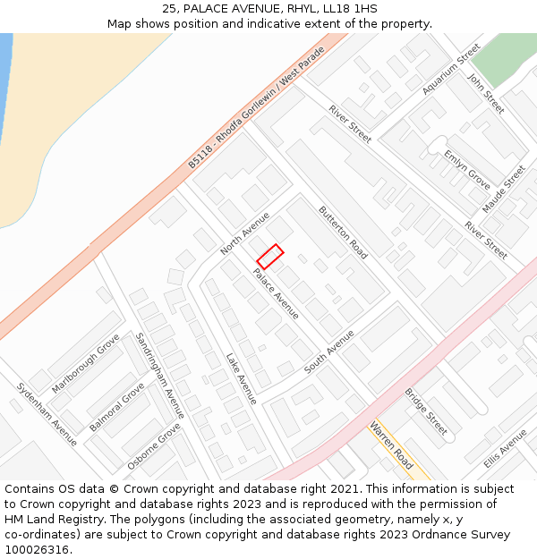 25, PALACE AVENUE, RHYL, LL18 1HS: Location map and indicative extent of plot