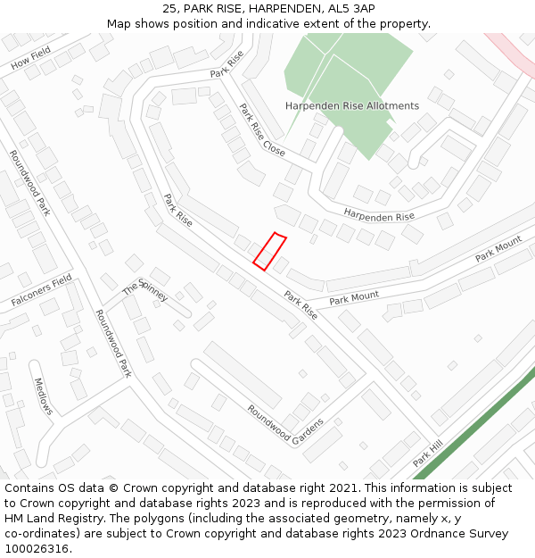 25, PARK RISE, HARPENDEN, AL5 3AP: Location map and indicative extent of plot