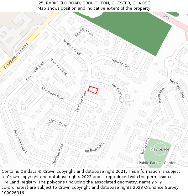 25, PARKFIELD ROAD, BROUGHTON, CHESTER, CH4 0SE: Location map and indicative extent of plot