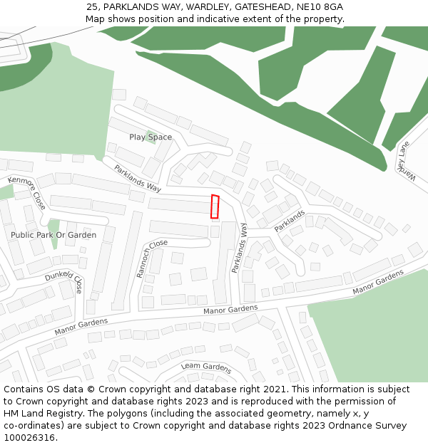 25, PARKLANDS WAY, WARDLEY, GATESHEAD, NE10 8GA: Location map and indicative extent of plot