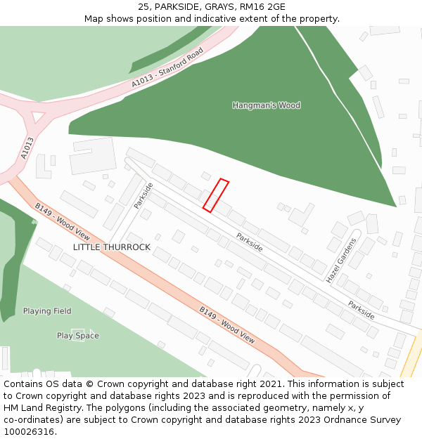 25, PARKSIDE, GRAYS, RM16 2GE: Location map and indicative extent of plot