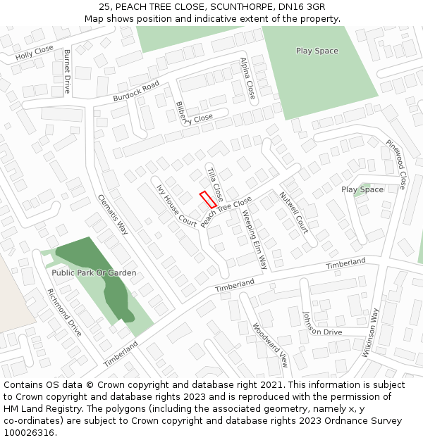 25, PEACH TREE CLOSE, SCUNTHORPE, DN16 3GR: Location map and indicative extent of plot