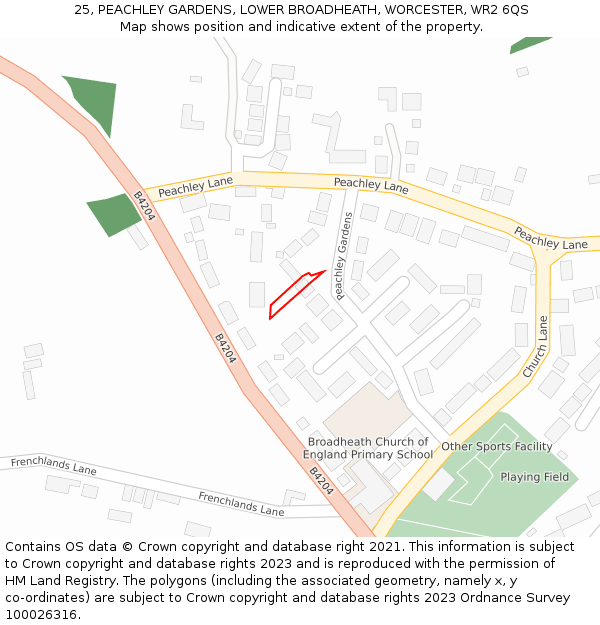 25, PEACHLEY GARDENS, LOWER BROADHEATH, WORCESTER, WR2 6QS: Location map and indicative extent of plot