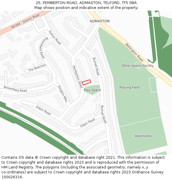 25, PEMBERTON ROAD, ADMASTON, TELFORD, TF5 0BA: Location map and indicative extent of plot