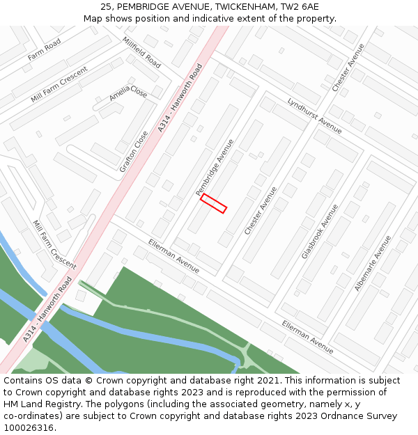 25, PEMBRIDGE AVENUE, TWICKENHAM, TW2 6AE: Location map and indicative extent of plot