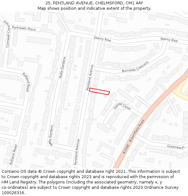 25, PENTLAND AVENUE, CHELMSFORD, CM1 4AY: Location map and indicative extent of plot