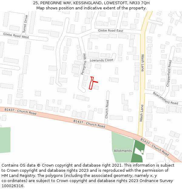 25, PEREGRINE WAY, KESSINGLAND, LOWESTOFT, NR33 7QH: Location map and indicative extent of plot