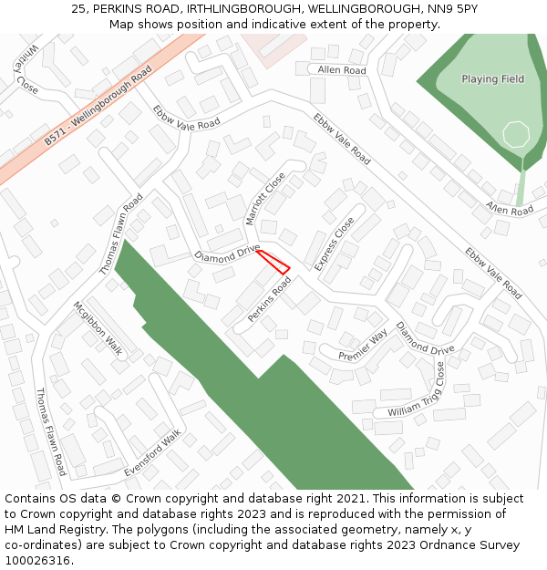 25, PERKINS ROAD, IRTHLINGBOROUGH, WELLINGBOROUGH, NN9 5PY: Location map and indicative extent of plot