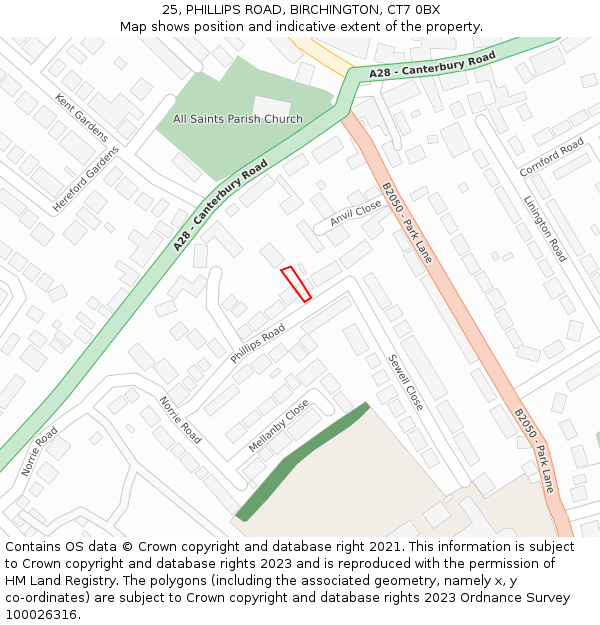 25, PHILLIPS ROAD, BIRCHINGTON, CT7 0BX: Location map and indicative extent of plot