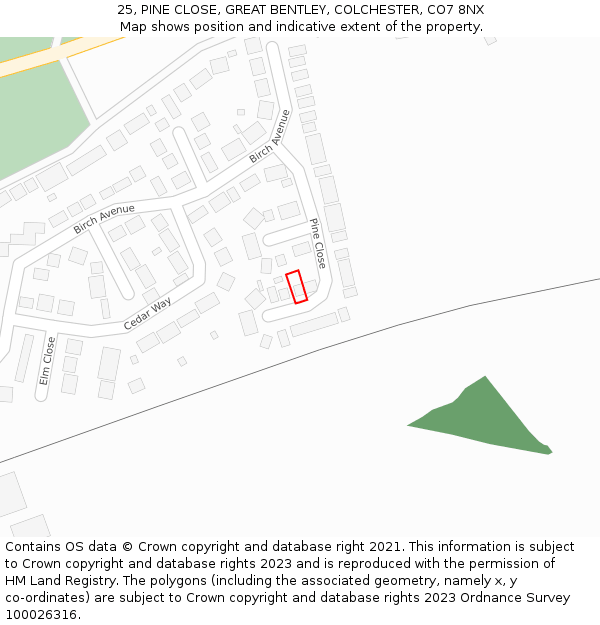 25, PINE CLOSE, GREAT BENTLEY, COLCHESTER, CO7 8NX: Location map and indicative extent of plot