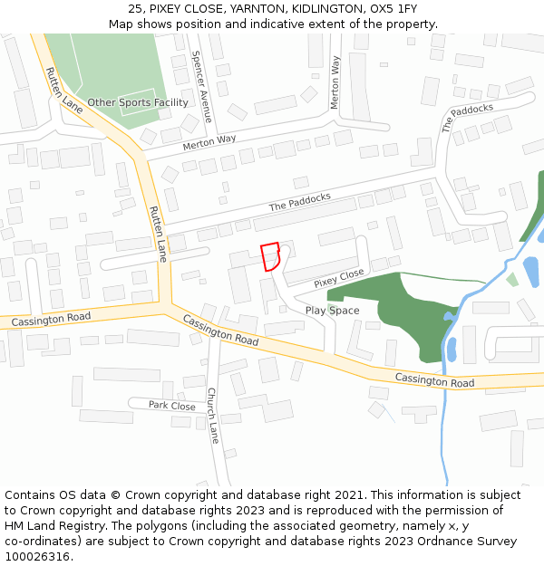 25, PIXEY CLOSE, YARNTON, KIDLINGTON, OX5 1FY: Location map and indicative extent of plot
