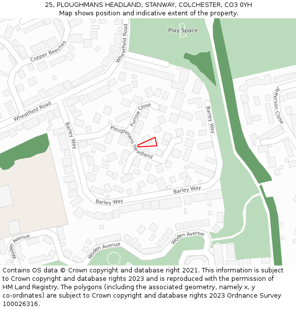 25, PLOUGHMANS HEADLAND, STANWAY, COLCHESTER, CO3 0YH: Location map and indicative extent of plot