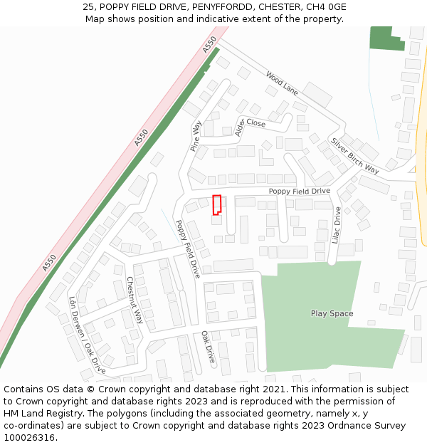 25, POPPY FIELD DRIVE, PENYFFORDD, CHESTER, CH4 0GE: Location map and indicative extent of plot