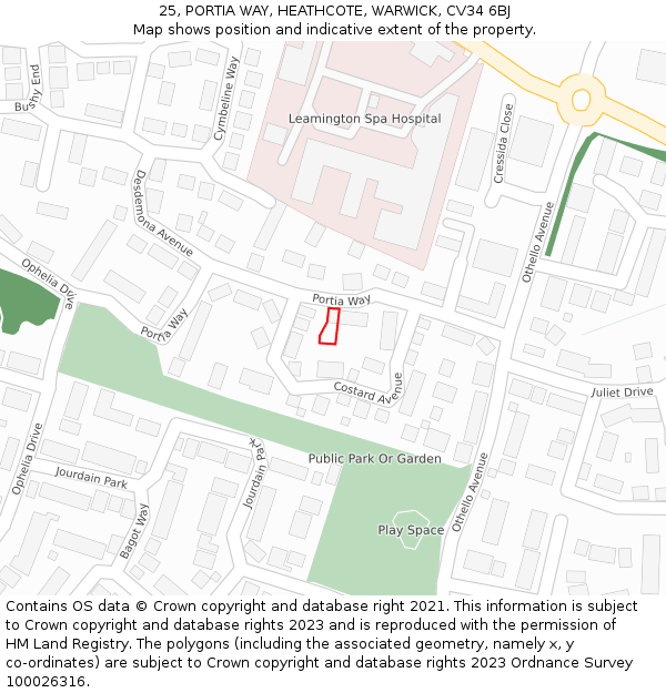 25, PORTIA WAY, HEATHCOTE, WARWICK, CV34 6BJ: Location map and indicative extent of plot