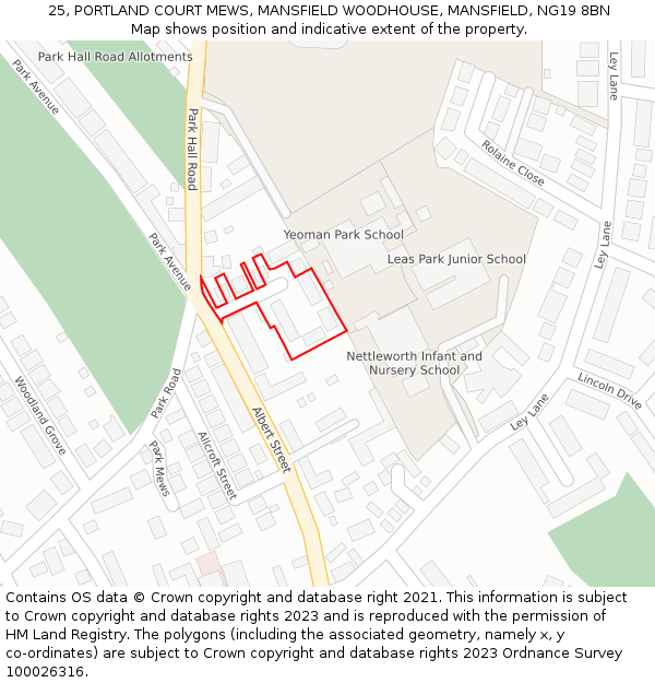 25, PORTLAND COURT MEWS, MANSFIELD WOODHOUSE, MANSFIELD, NG19 8BN: Location map and indicative extent of plot