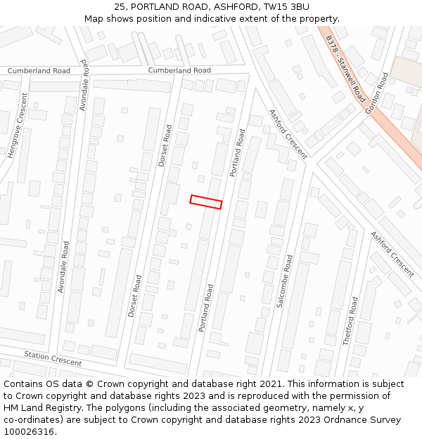 25, PORTLAND ROAD, ASHFORD, TW15 3BU: Location map and indicative extent of plot