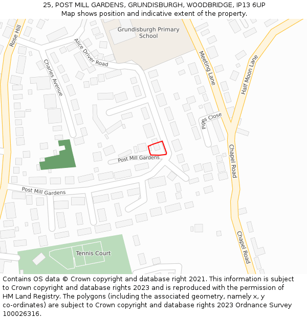 25, POST MILL GARDENS, GRUNDISBURGH, WOODBRIDGE, IP13 6UP: Location map and indicative extent of plot