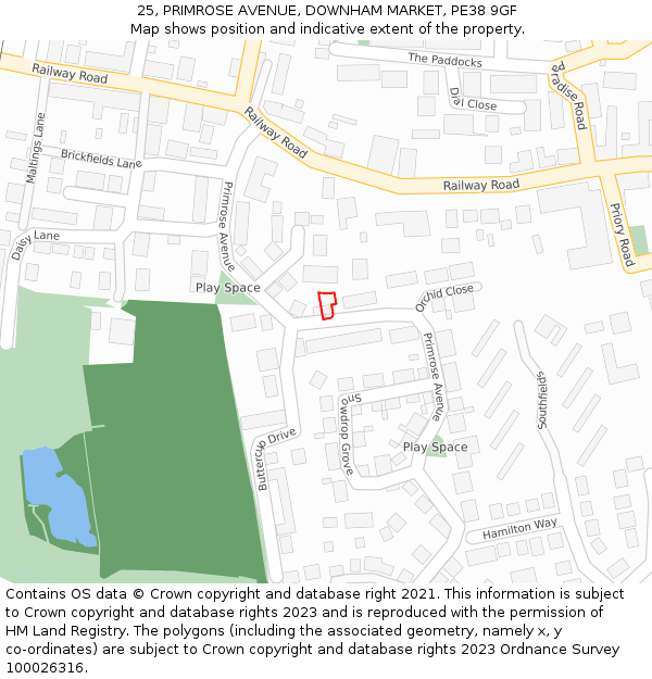 25, PRIMROSE AVENUE, DOWNHAM MARKET, PE38 9GF: Location map and indicative extent of plot