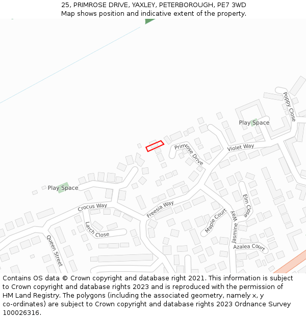 25, PRIMROSE DRIVE, YAXLEY, PETERBOROUGH, PE7 3WD: Location map and indicative extent of plot