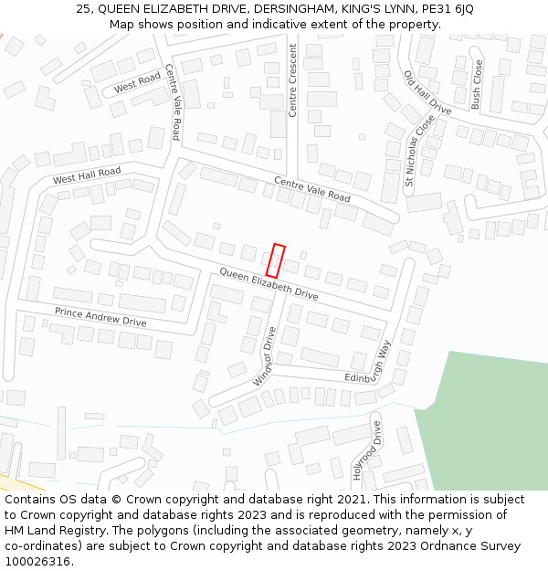 25, QUEEN ELIZABETH DRIVE, DERSINGHAM, KING'S LYNN, PE31 6JQ: Location map and indicative extent of plot