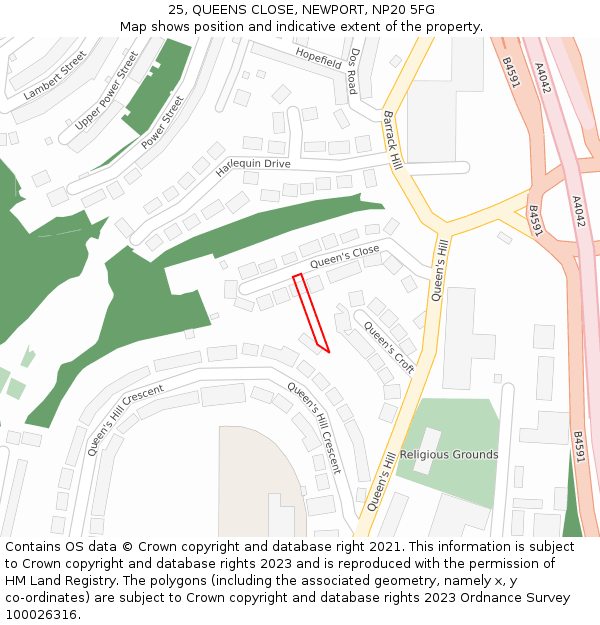 25, QUEENS CLOSE, NEWPORT, NP20 5FG: Location map and indicative extent of plot