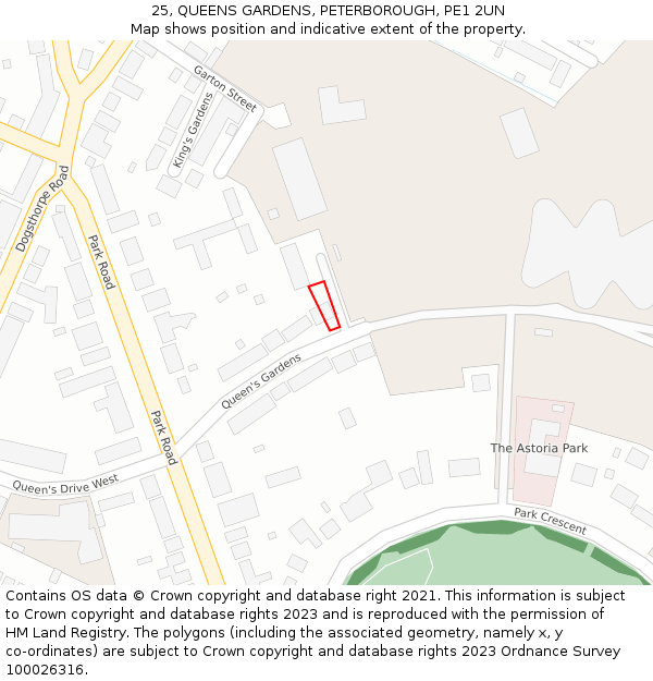 25, QUEENS GARDENS, PETERBOROUGH, PE1 2UN: Location map and indicative extent of plot