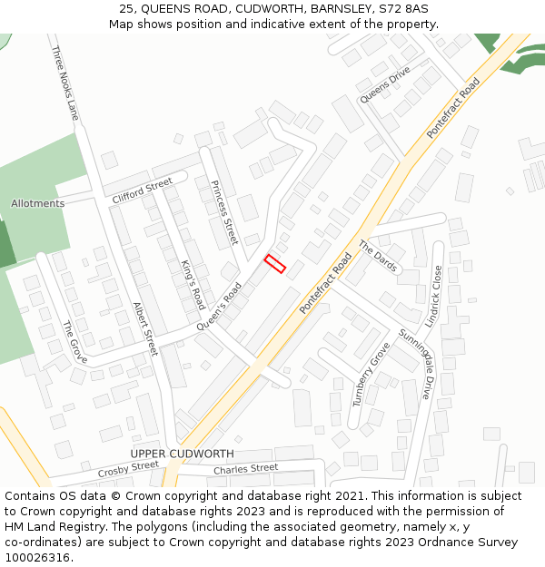 25, QUEENS ROAD, CUDWORTH, BARNSLEY, S72 8AS: Location map and indicative extent of plot