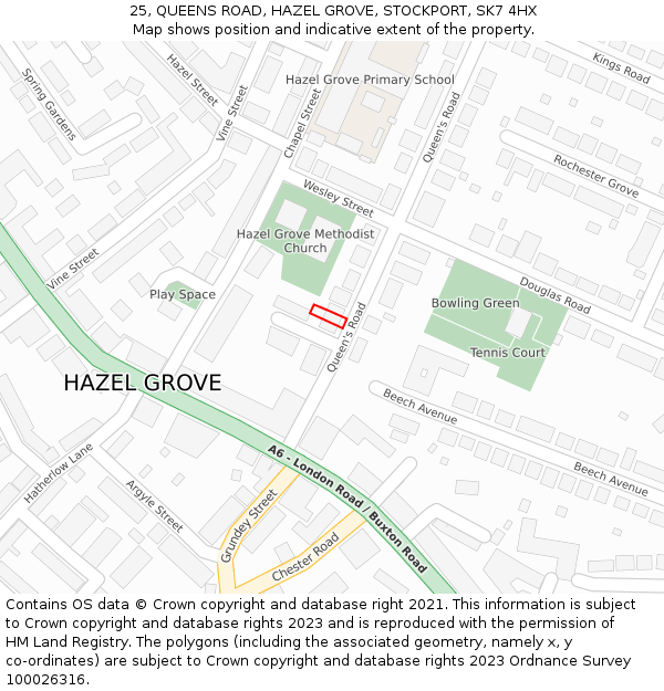 25, QUEENS ROAD, HAZEL GROVE, STOCKPORT, SK7 4HX: Location map and indicative extent of plot