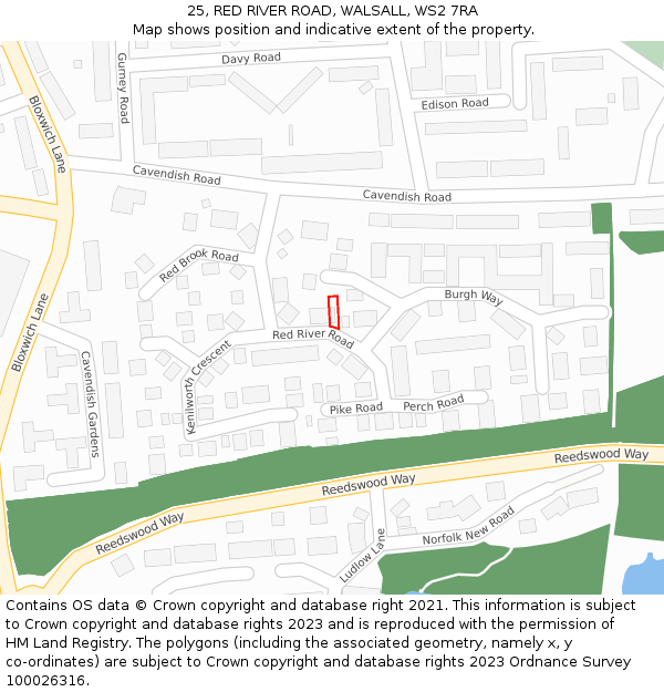 25, RED RIVER ROAD, WALSALL, WS2 7RA: Location map and indicative extent of plot