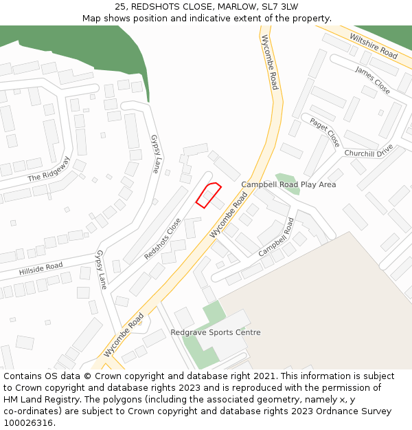 25, REDSHOTS CLOSE, MARLOW, SL7 3LW: Location map and indicative extent of plot