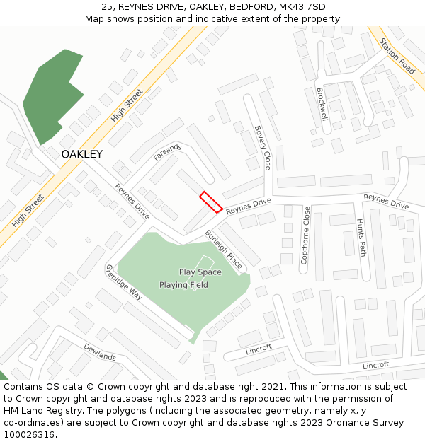 25, REYNES DRIVE, OAKLEY, BEDFORD, MK43 7SD: Location map and indicative extent of plot