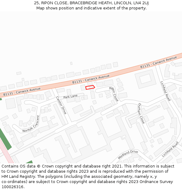 25, RIPON CLOSE, BRACEBRIDGE HEATH, LINCOLN, LN4 2UJ: Location map and indicative extent of plot