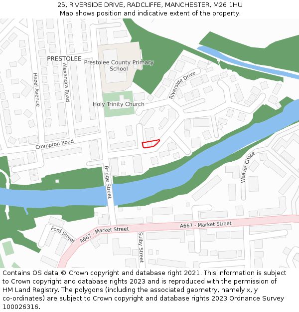 25, RIVERSIDE DRIVE, RADCLIFFE, MANCHESTER, M26 1HU: Location map and indicative extent of plot