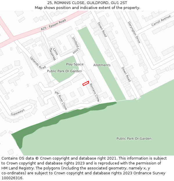 25, ROMANS CLOSE, GUILDFORD, GU1 2ST: Location map and indicative extent of plot