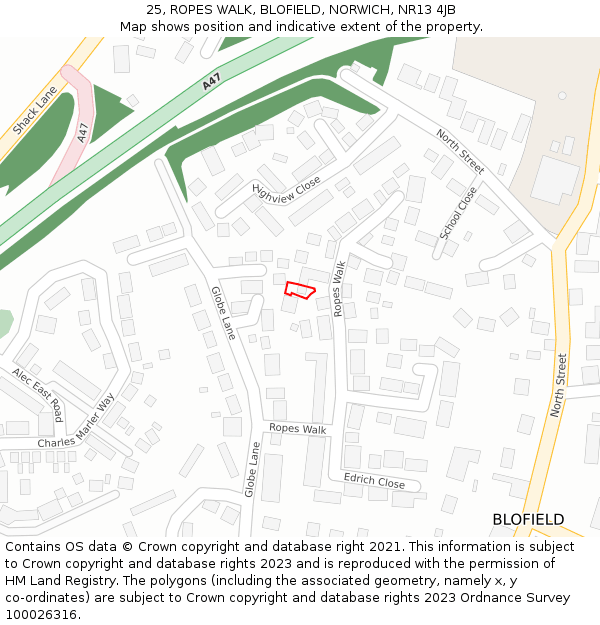 25, ROPES WALK, BLOFIELD, NORWICH, NR13 4JB: Location map and indicative extent of plot