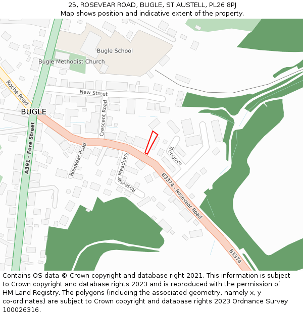 25, ROSEVEAR ROAD, BUGLE, ST AUSTELL, PL26 8PJ: Location map and indicative extent of plot