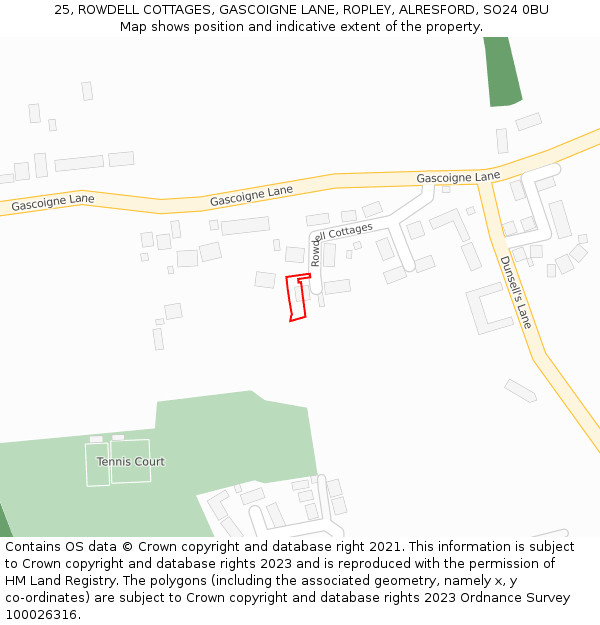 25, ROWDELL COTTAGES, GASCOIGNE LANE, ROPLEY, ALRESFORD, SO24 0BU: Location map and indicative extent of plot