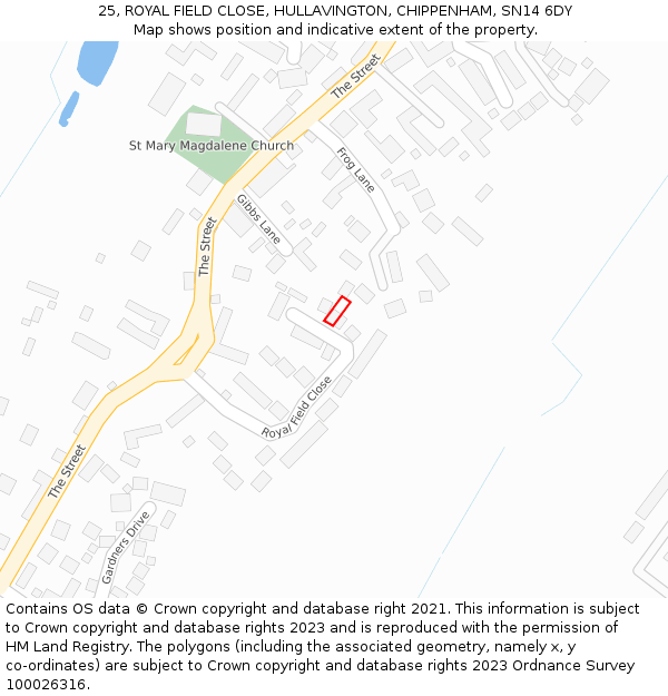 25, ROYAL FIELD CLOSE, HULLAVINGTON, CHIPPENHAM, SN14 6DY: Location map and indicative extent of plot