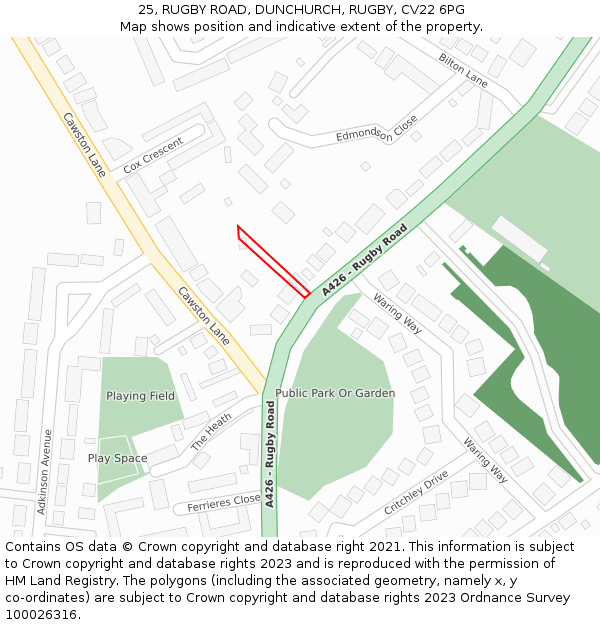 25, RUGBY ROAD, DUNCHURCH, RUGBY, CV22 6PG: Location map and indicative extent of plot